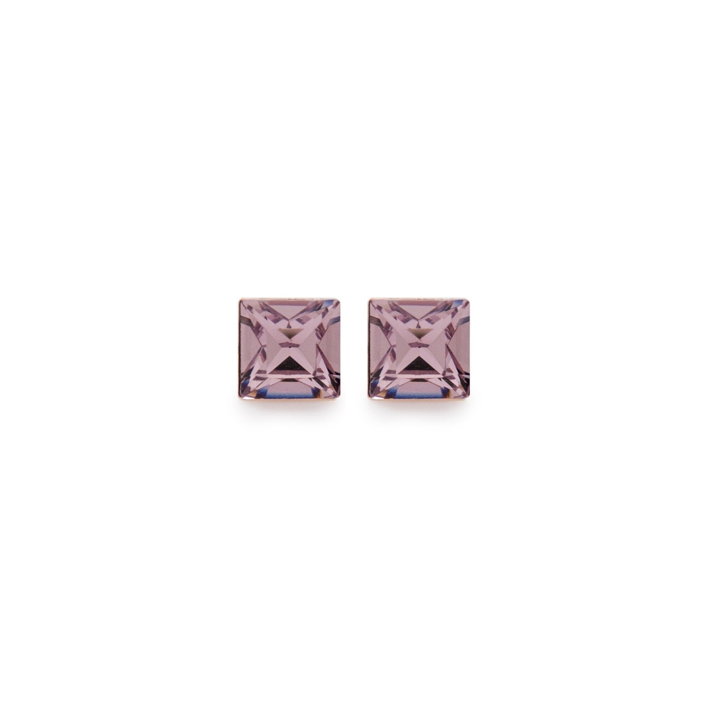 Pendientes botón cuadrado cristal rosa en Plata baño Oro Rosa de Fantasy