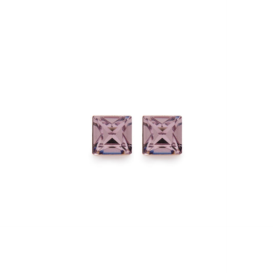 Pendientes botón cuadrado cristal rosa en Plata baño Oro Rosa de Fantasy