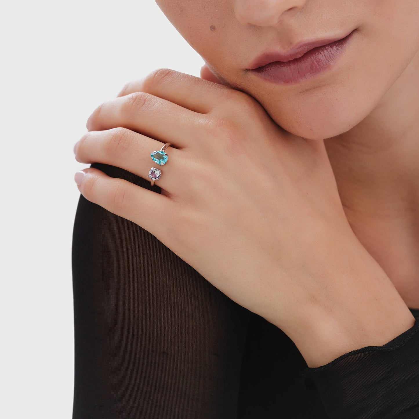 Rhodium Plated Sterling Silver Adjustable ring blue crystal from Bay