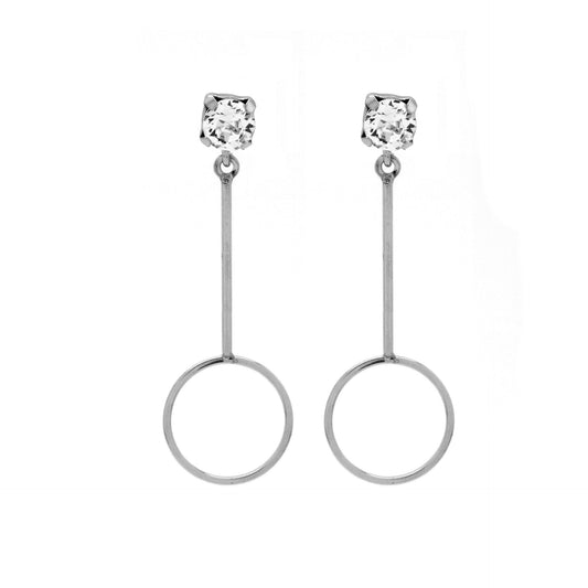 Pendientes largos círculo cristal blanco en Plata de Minimal