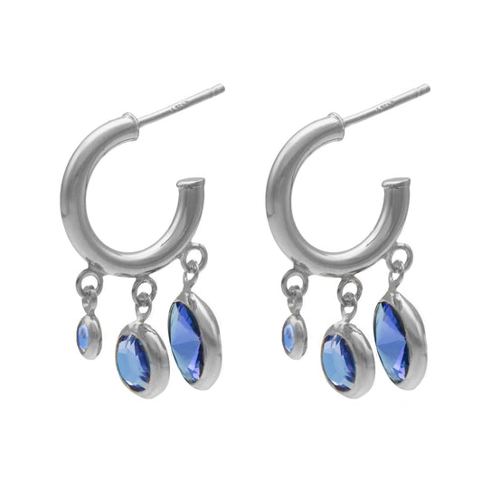 Rodhium Plated Sterling Silver Earring Hoops blue crystals drom alice