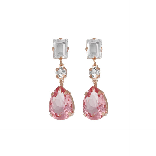 Pendientes largos lágrima cristal rosa en Plata baño Oro Rosa de Diana