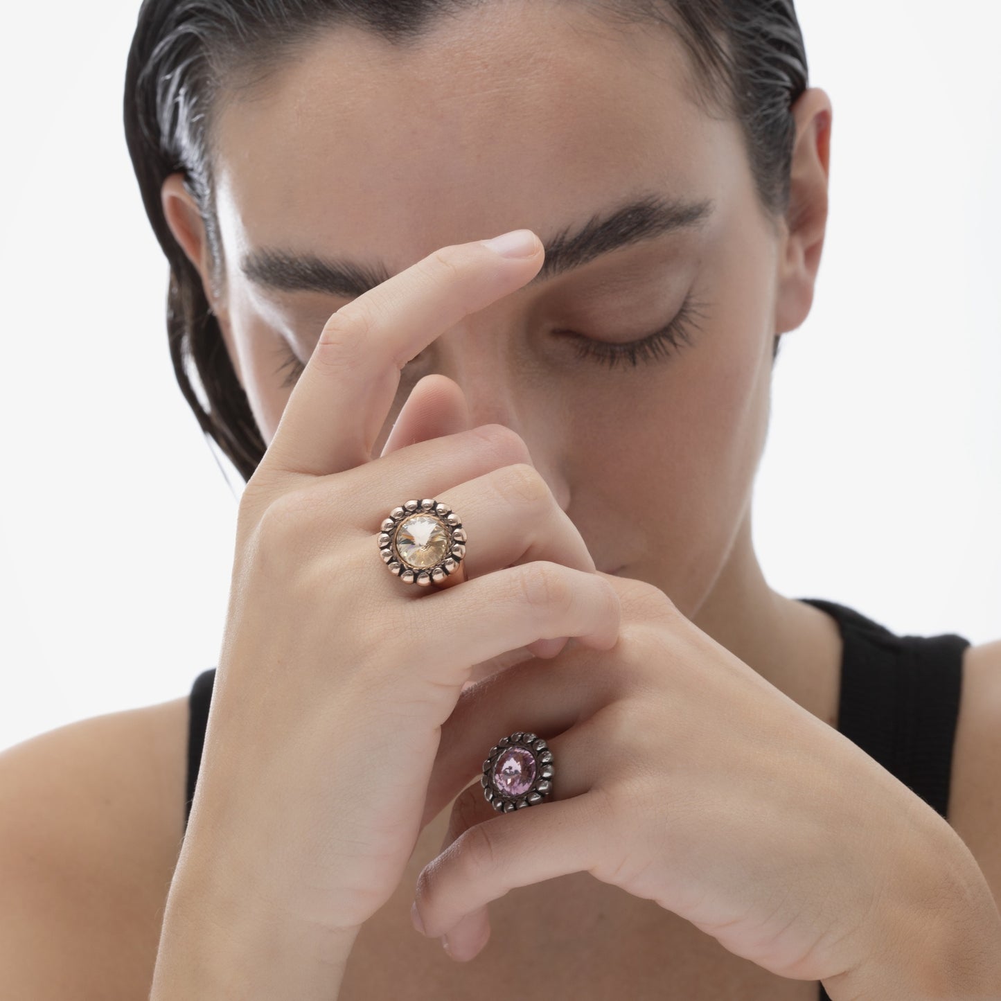 Anillo ajustable cristal champán en Plata baño Oro Rosa de Etrusca