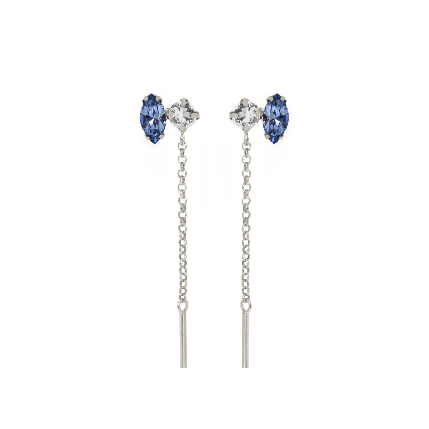 Rhodium Plated Sterling Silver Long earrings blue crystal from Keila