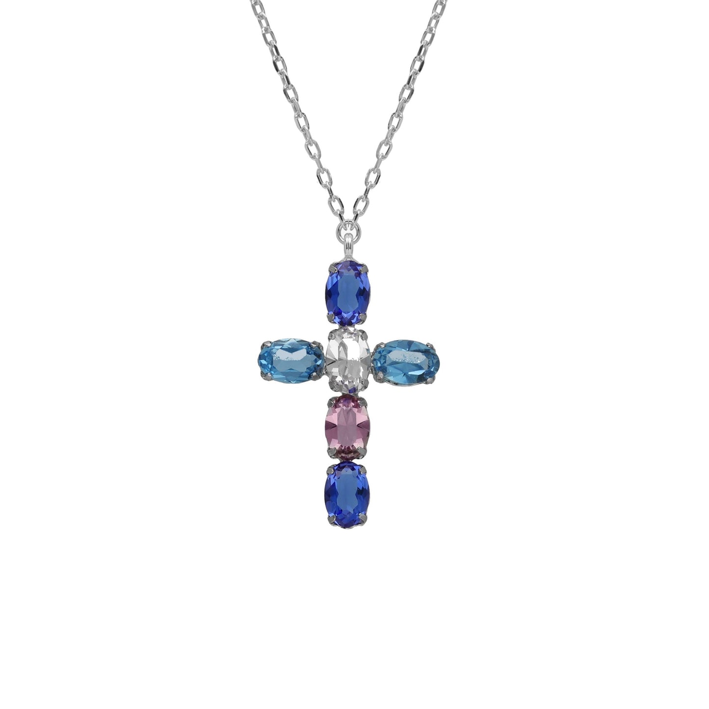 Rhodium Plated Sterling Silver Short necklace cross blue crystal from Harmony