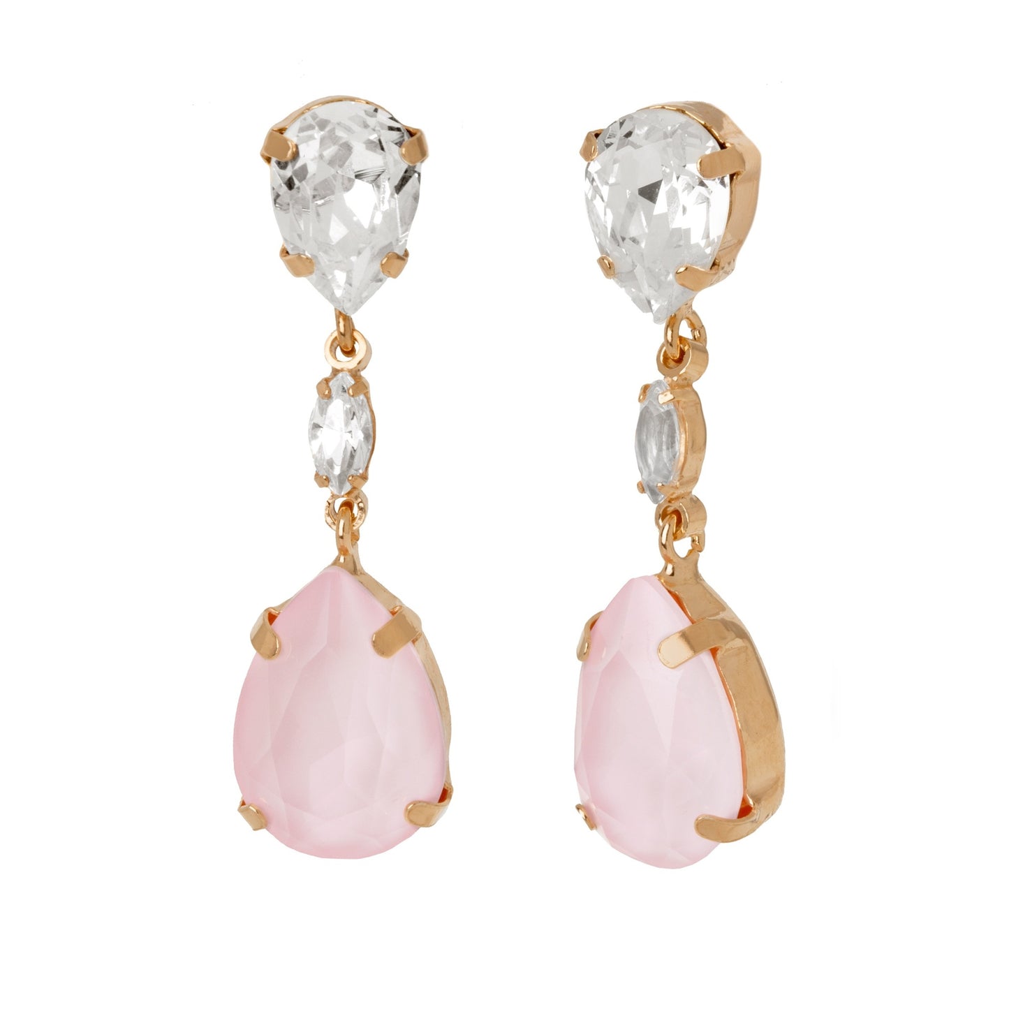 Pendientes largos lágrima cristal rosa en Plata baño Oro Rosa de Jasmine