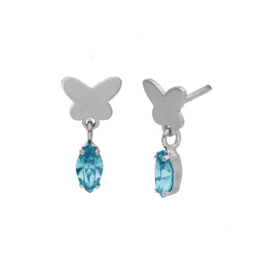 Pendientes cortos mariposa cristal azul en Plata baño rodio de Cynthia Linet