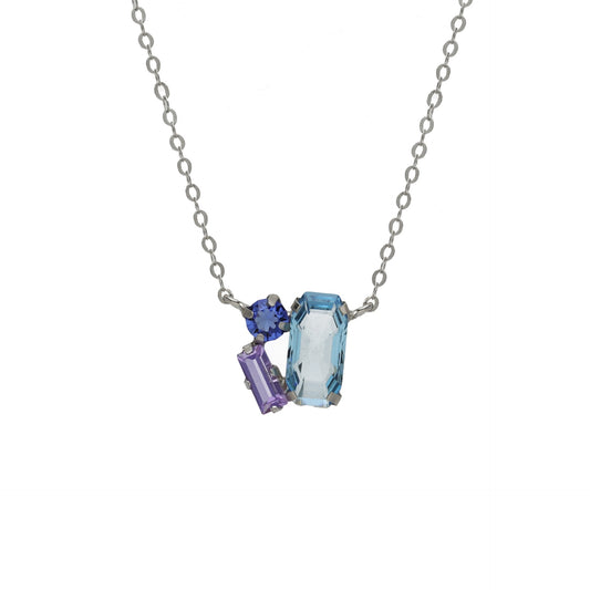 Rhodium Plated Sterling Silver Short necklace rectangle blue crystal from Inspire