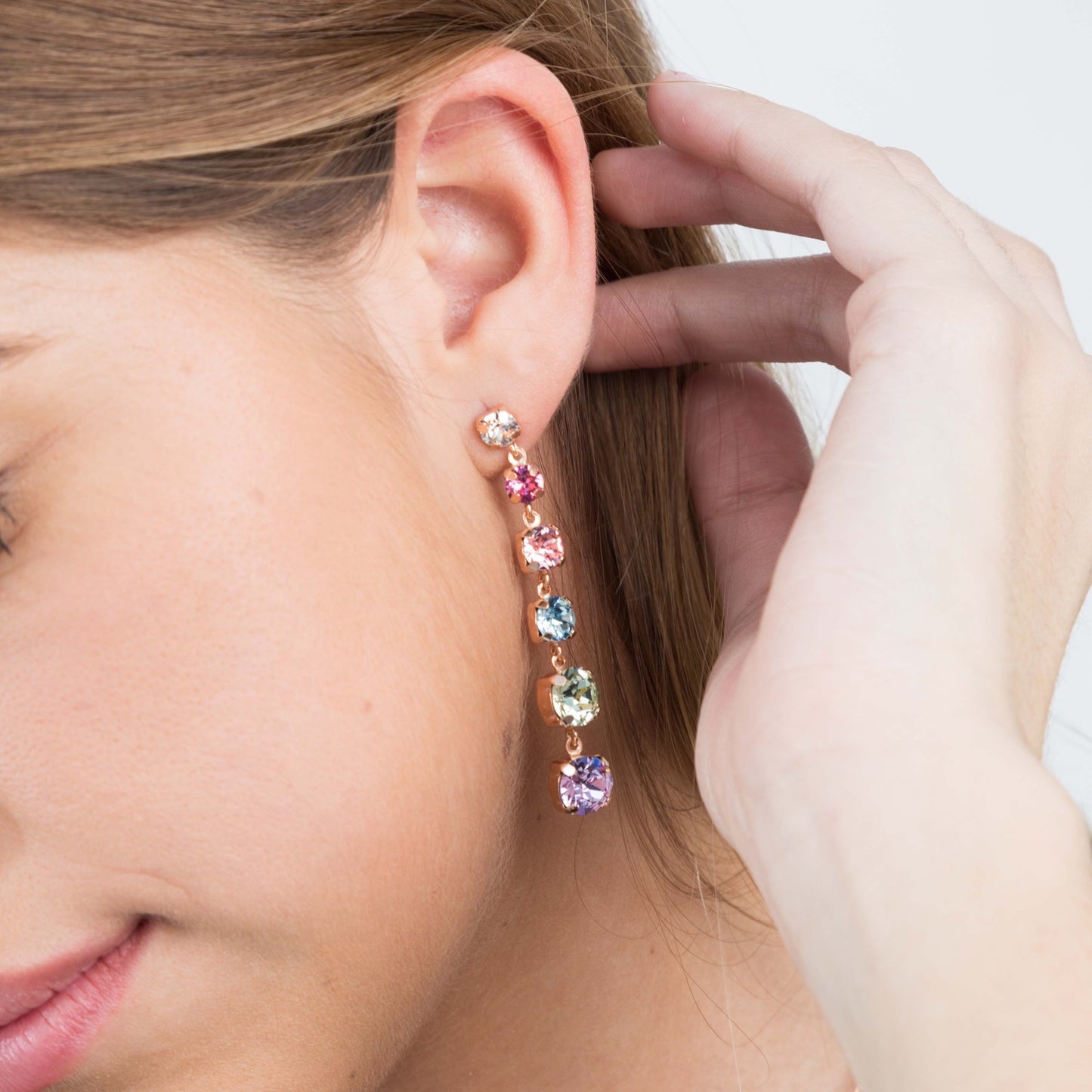 Pendientes largos cascada cristal multicolor en Plata baño Oro Rosa de Celine