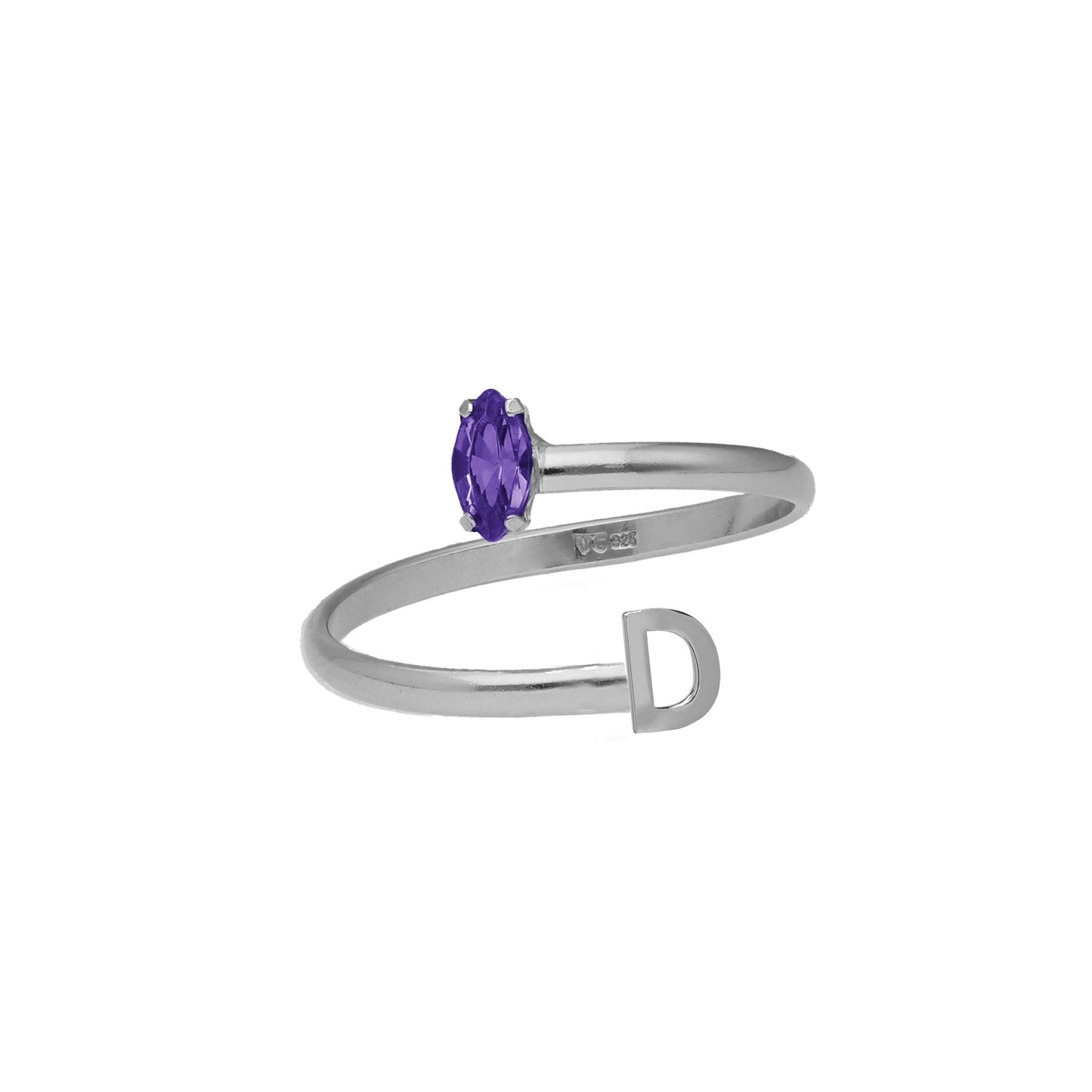 Rhodium Plated Sterling Silver Personalized adjustable ring letter purple from Thename