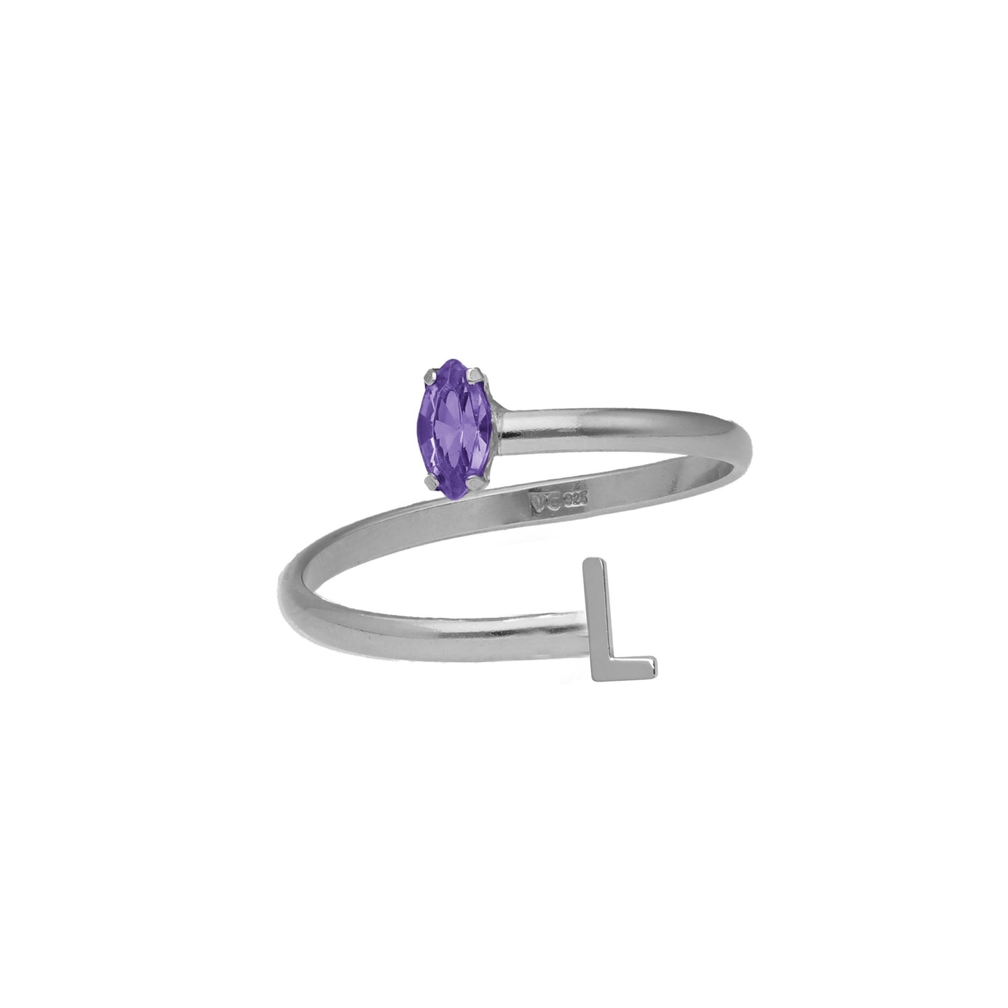 Rhodium Plated Sterling Silver Personalized adjustable ring letter purple from Thename