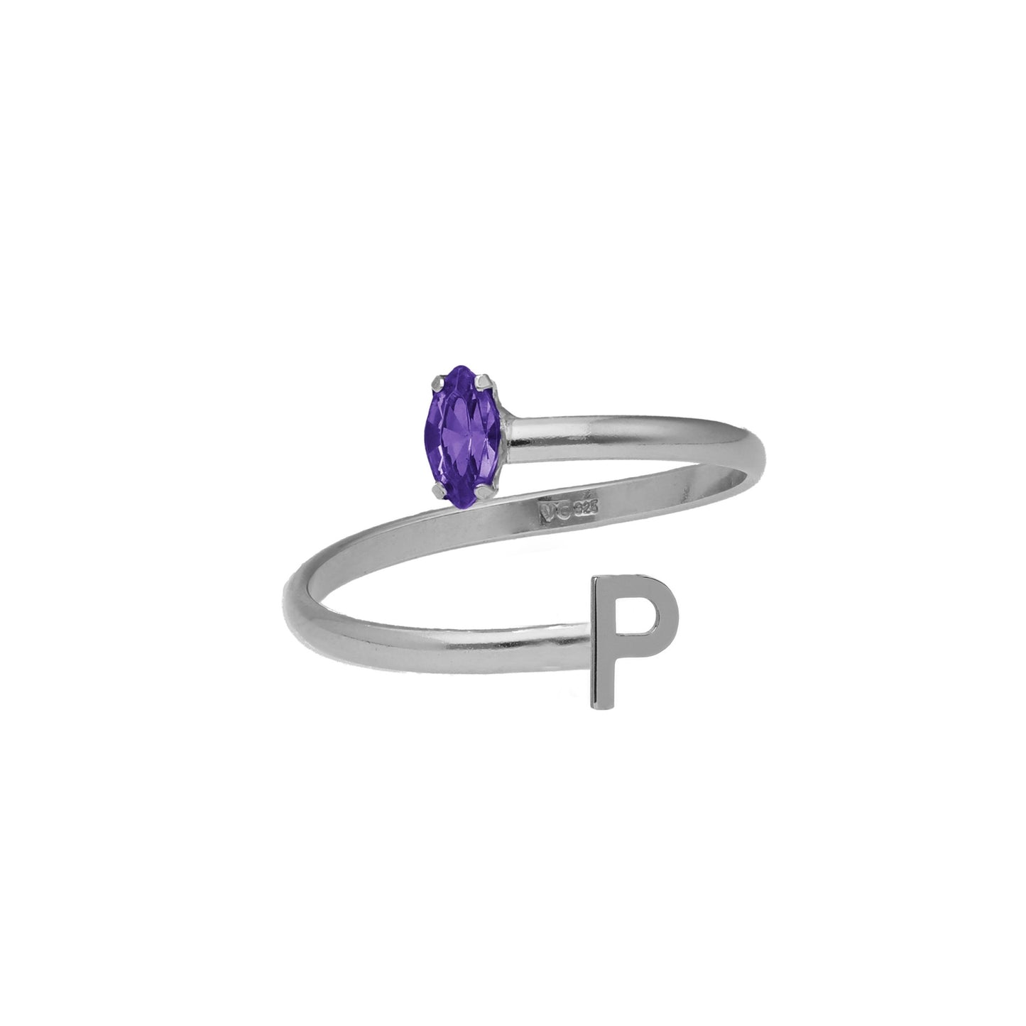 Anillo ajustable personalizado letra morado en Plata baño rodio de Thename