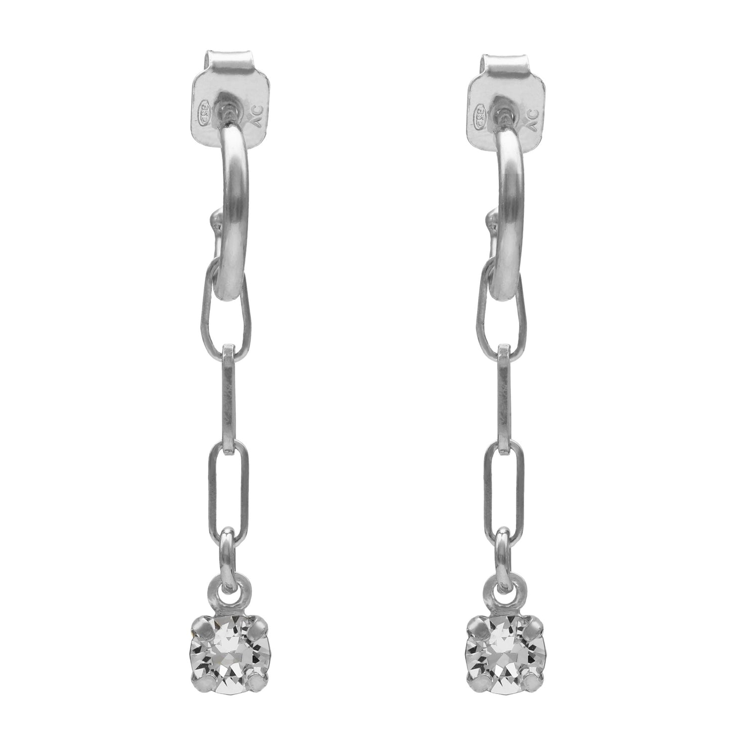 Sterling Silver Hoop earrings chained white crystal