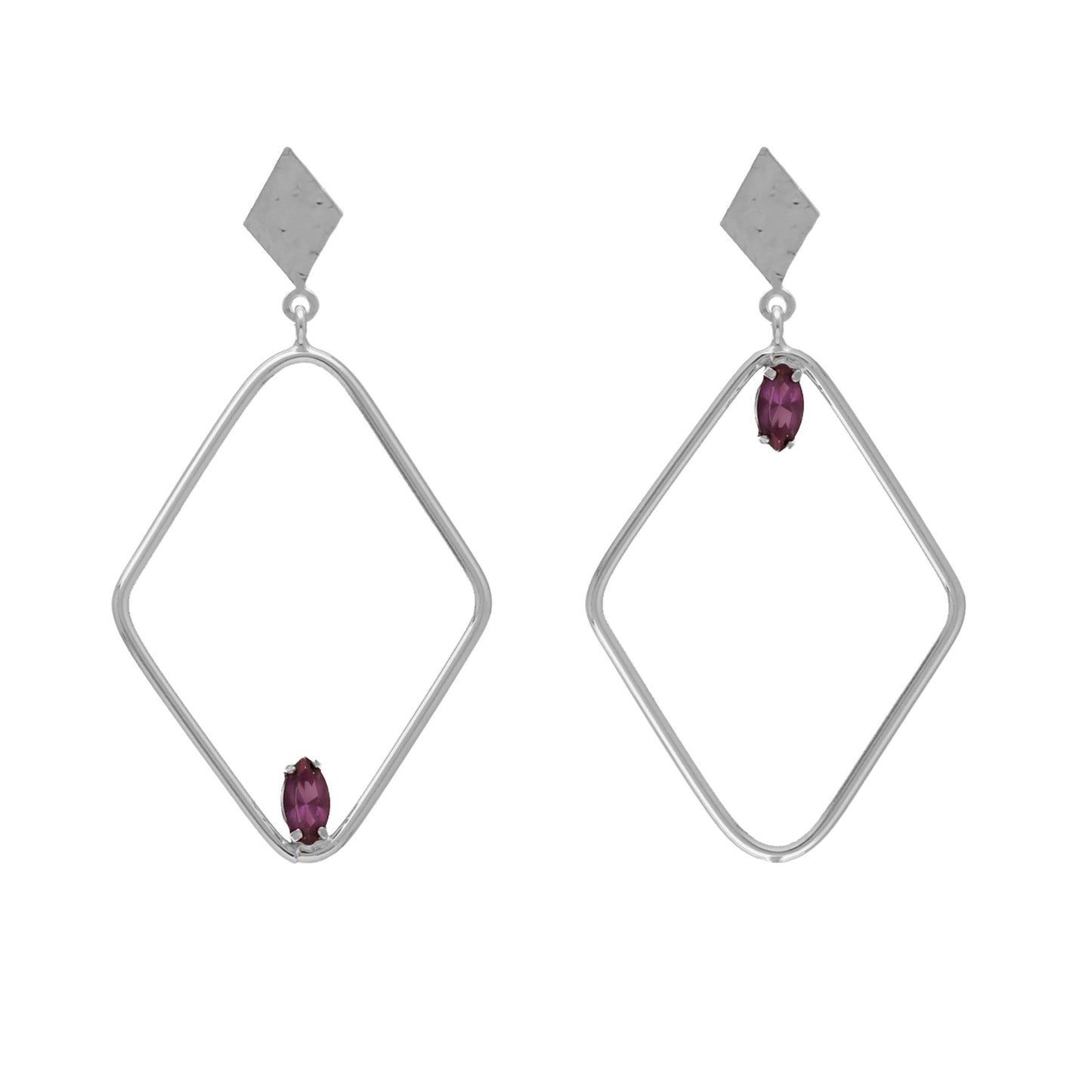 Pendientes largos rombo cristal morado en Plata de Etnia