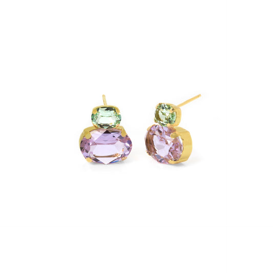 Pendientes cortos oval cristal morado en Plata baño Oro de Oval