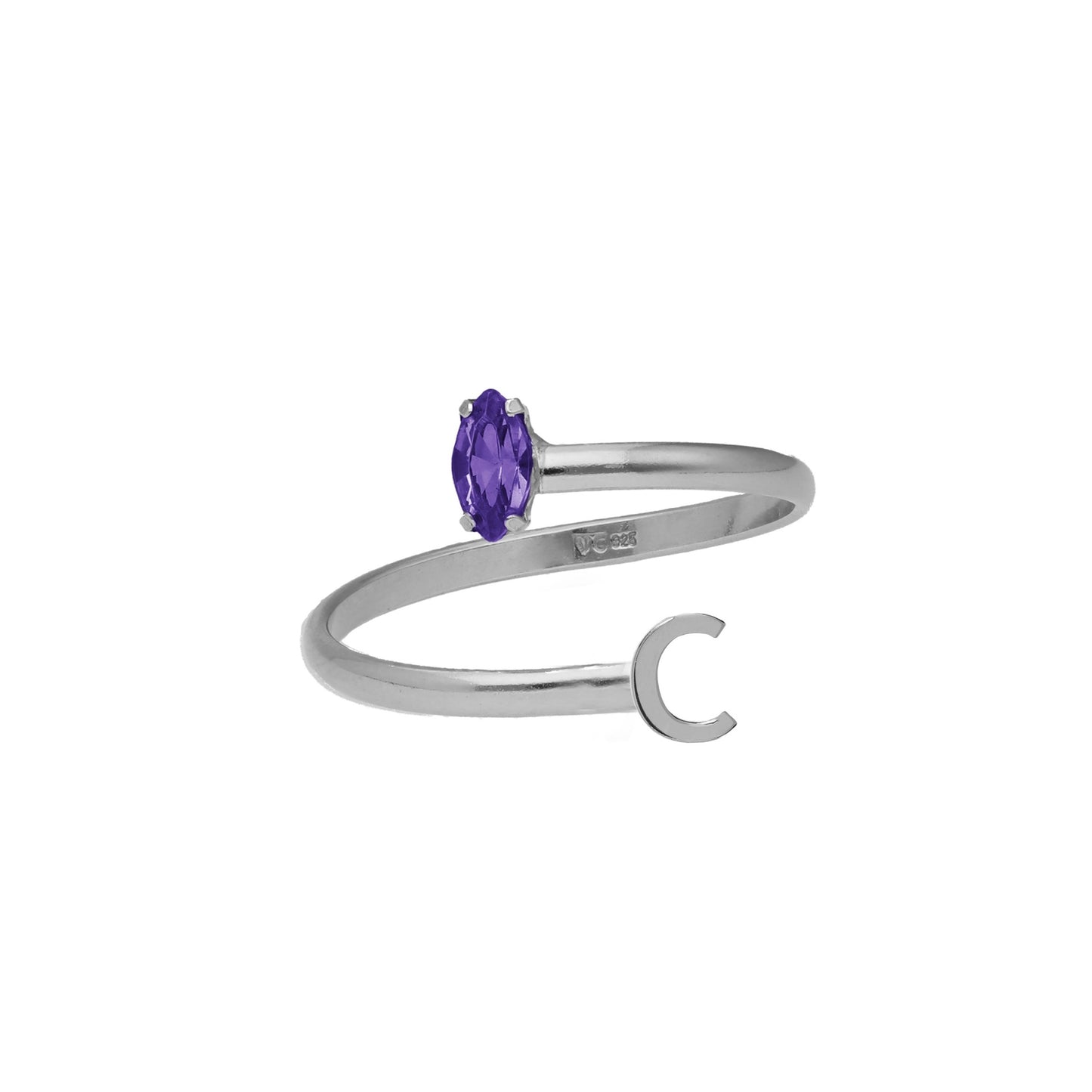 Anillo ajustable personalizado letra morado en Plata baño rodio de Thename