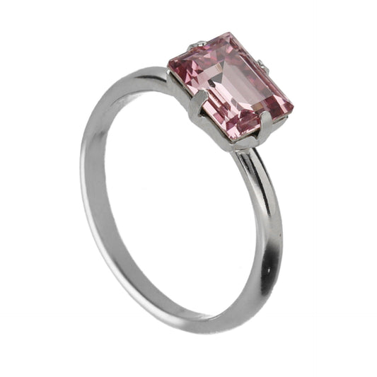 Anillo ajustable rectángulo cristal rosa en Plata baño rodio de Serenity