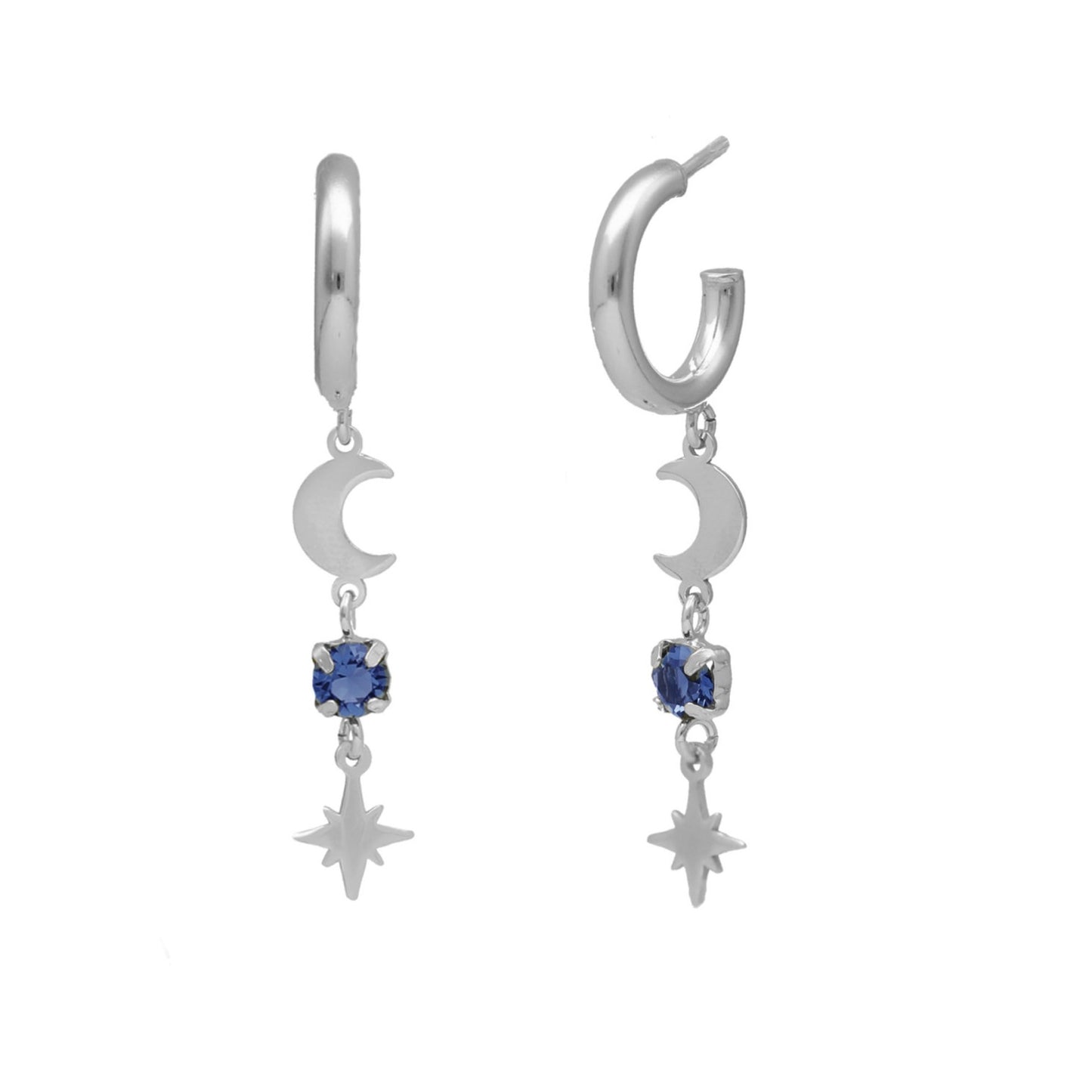 Sterling Silver Hoop earrings moon blue crystal from El Firmamento