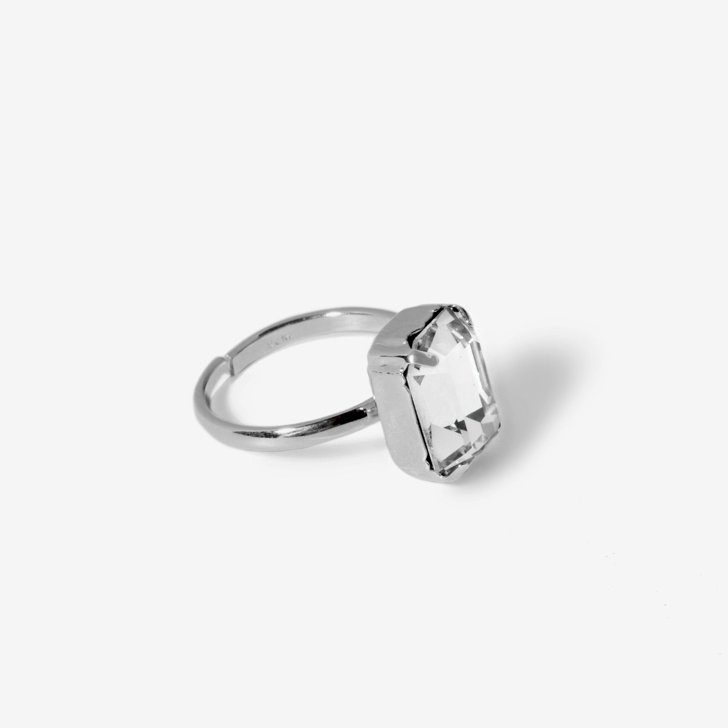 Rhodium Plated Sterling Silver Adjustable ring rectangle white crystal from Helena