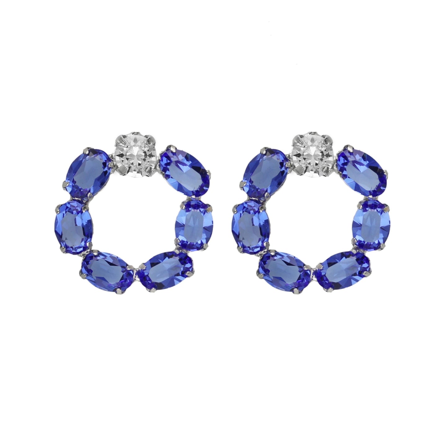 Pendientes cortos círculo cristal azul en Plata baño rodio de Harmony