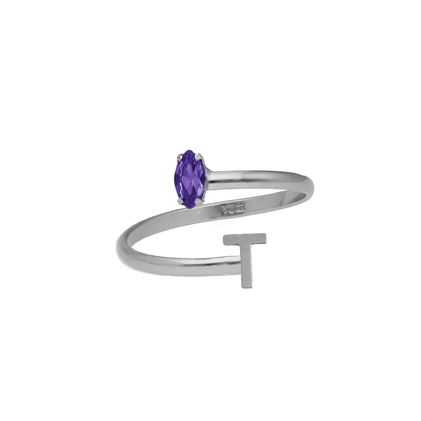 Anillo ajustable personalizado letra morado en Plata baño rodio de Thename