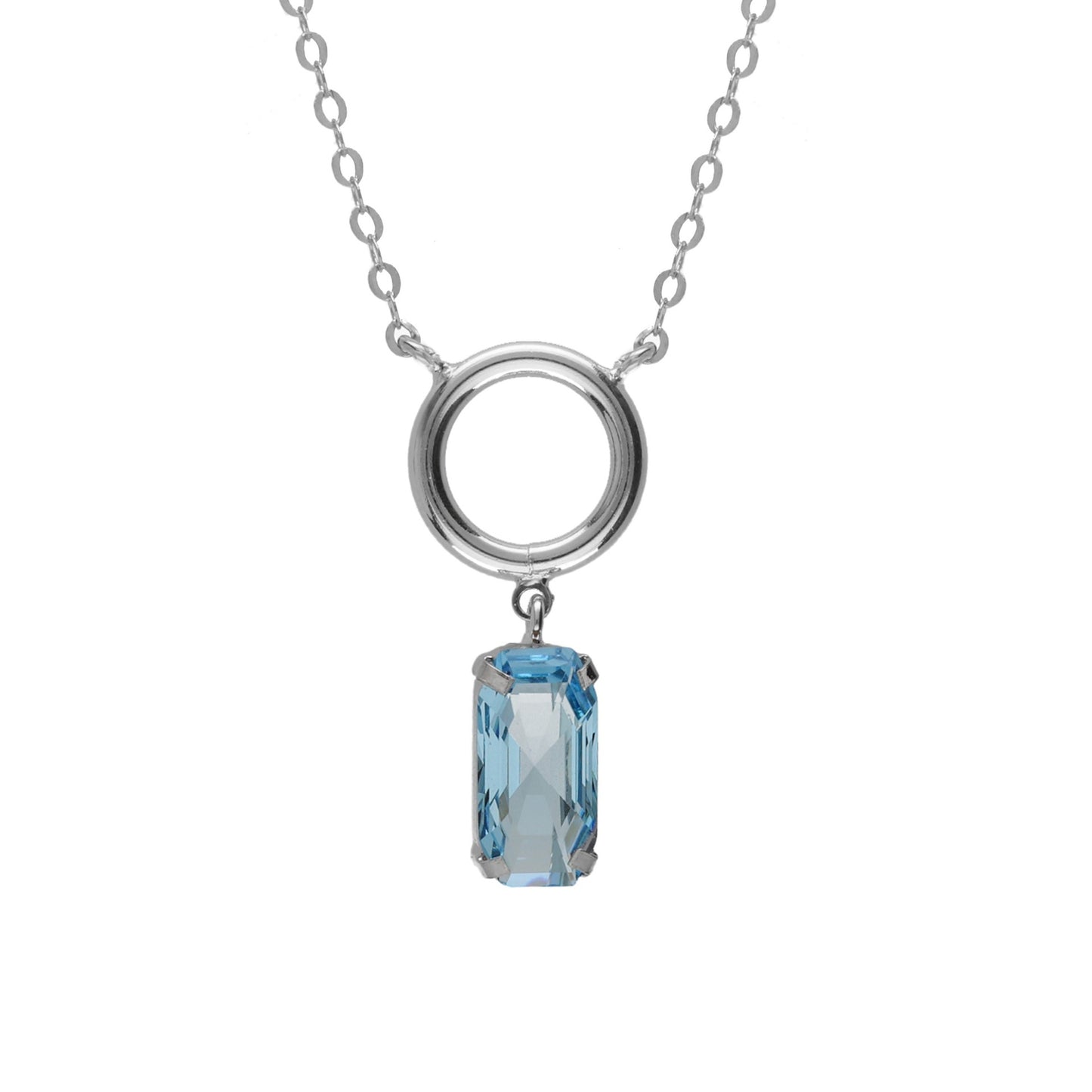 Rhodium Plated Sterling Silver Short necklace rectangle blue crystal from Inspire