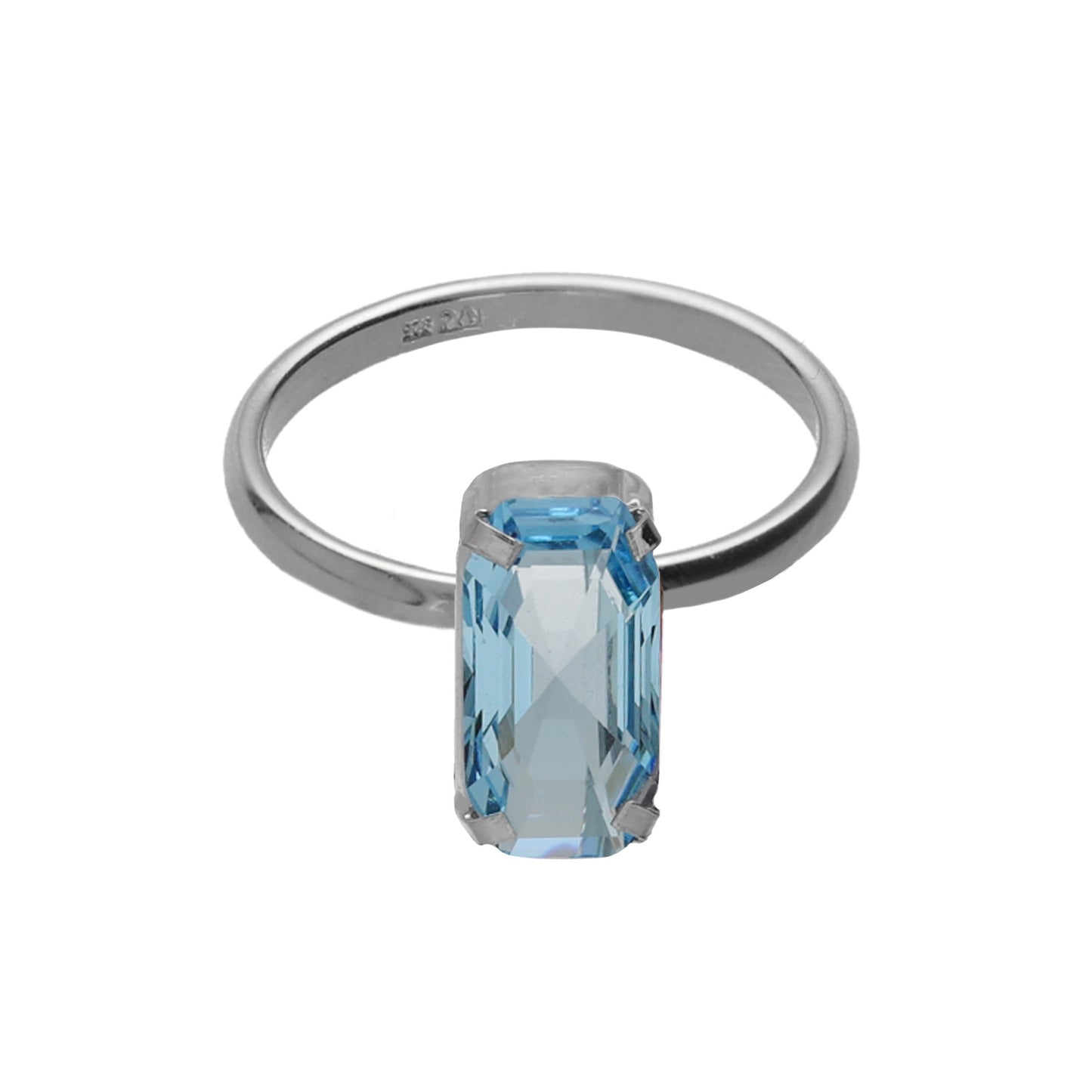 Rhodium Plated Sterling Silver Adjustable ring rectangle blue crystal from Inspire