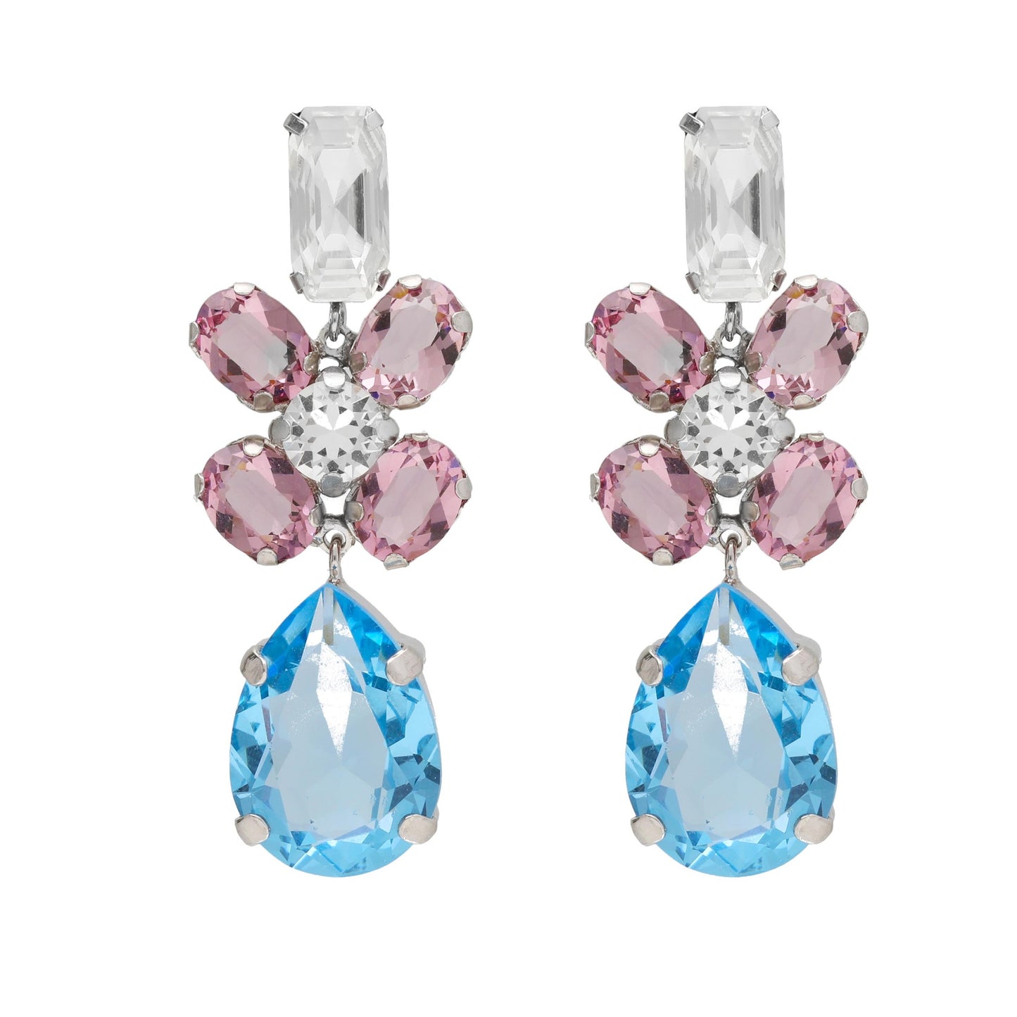 Rhodium Plated Sterling Silver Long earrings drop blue crystal from Glory