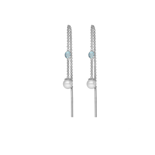 Rhodium Plated Sterling Silver Long earrings blue crystals and pearls from Amalia