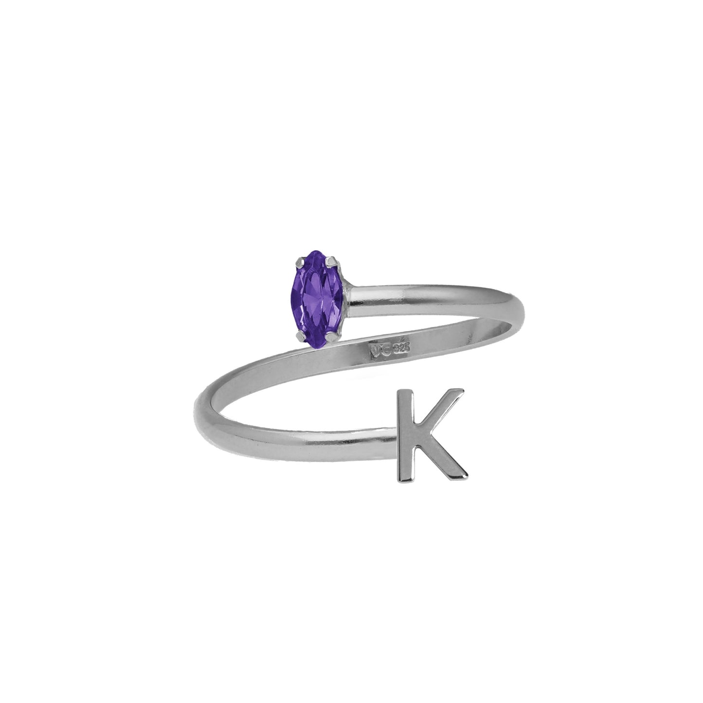 Rhodium Plated Sterling Silver Personalized adjustable ring letter purple from Thename