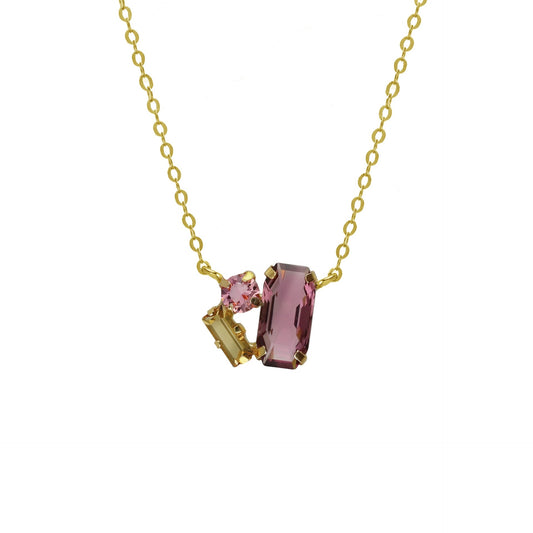 Gold plated Sterling Silver Short necklace rectangle violet crystal from Inspire