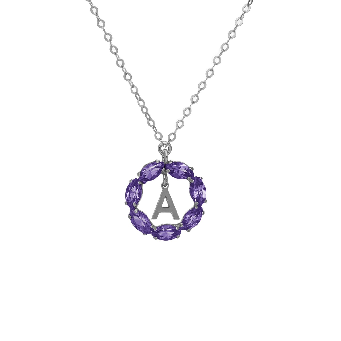 Rhodium Plated Sterling Silver Short necklace letter purple crystal from Thename