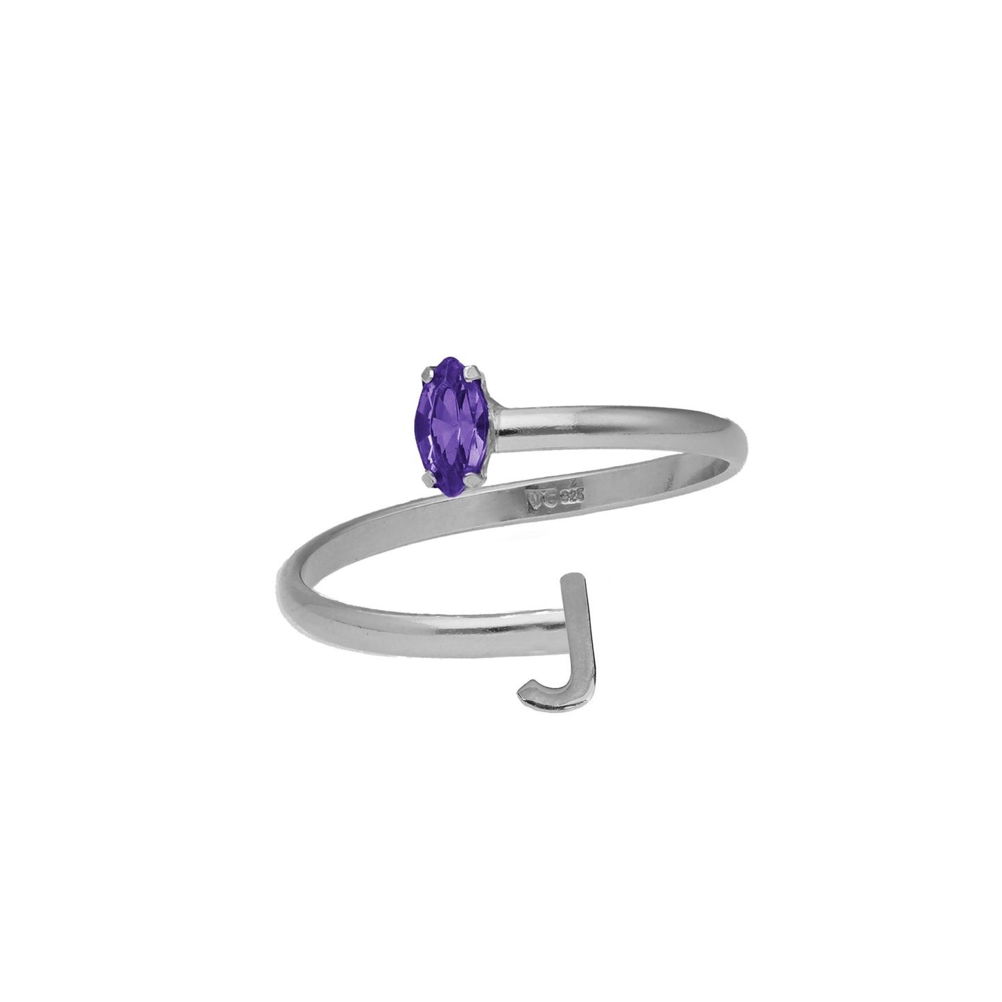 Rhodium Plated Sterling Silver Personalized adjustable ring letter purple from Thename