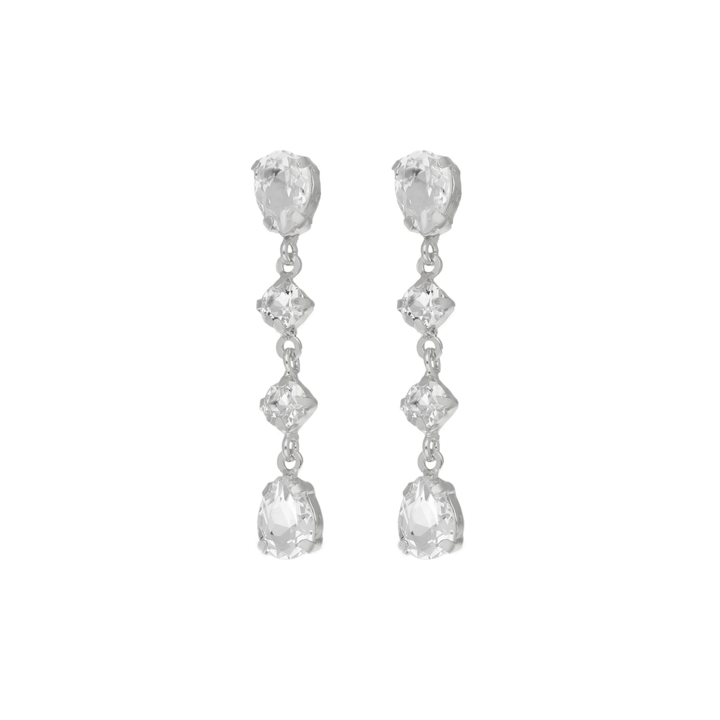 Long white crystal earrings in rhodium plated silver by Eunoia