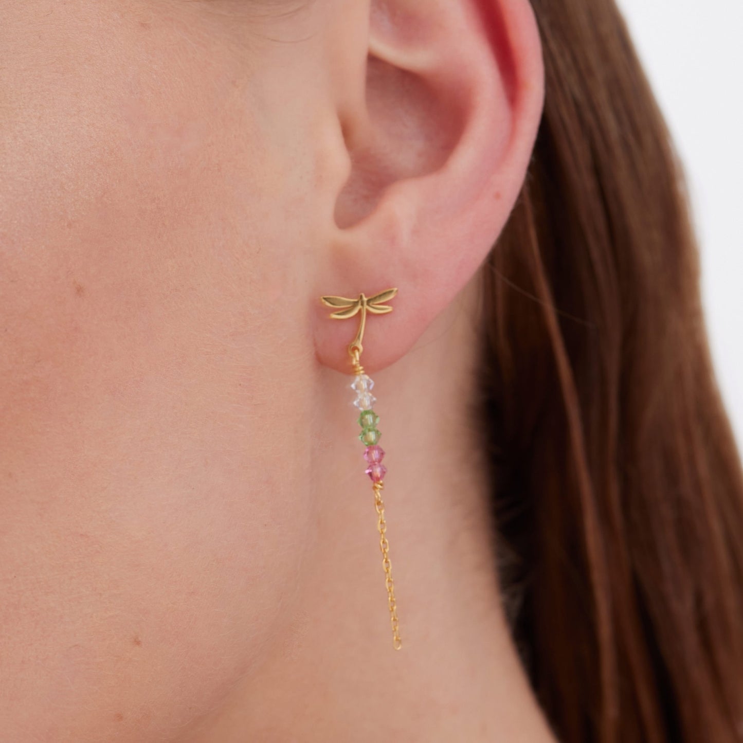 Gold plated Sterling Silver Long earrings dragon-fly multicolor crystal from Bliss