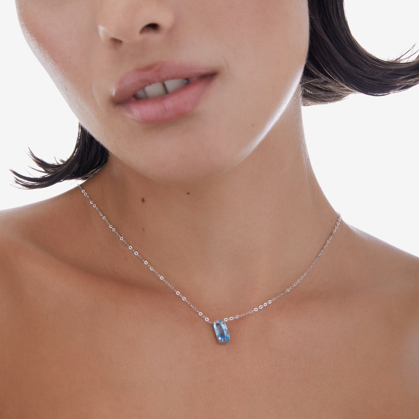 Rhodium Plated Sterling Silver Short necklace rectangle blue crystal from Inspire