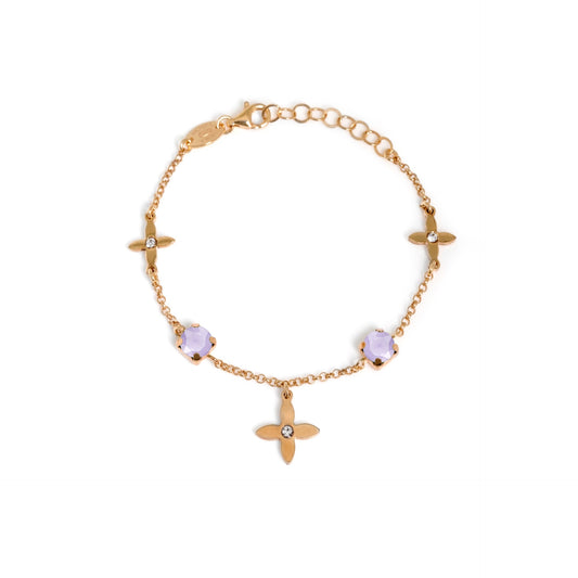 Pulsera flor cristal morado en Plata baño Oro Rosa de Vega