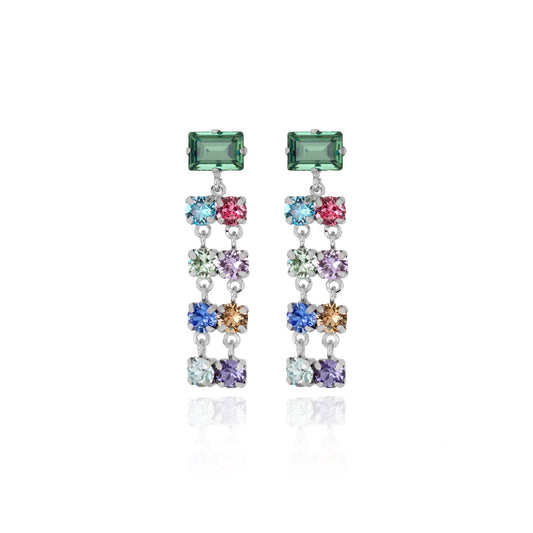 Pendientes largos cascada cristal multicolor en Plata baño rodio de Antonella