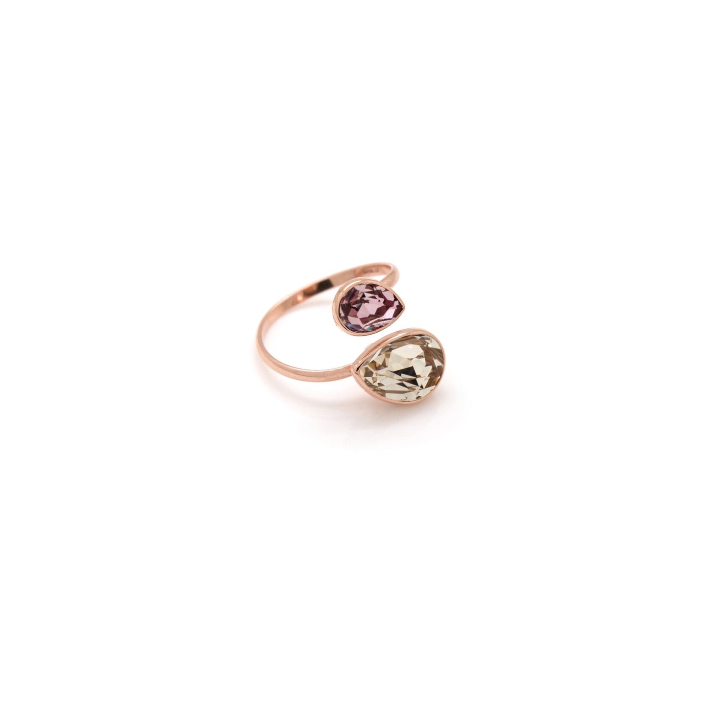 Rose Gold plated Sterling Silver Adjustable ring drop crystal from Essential