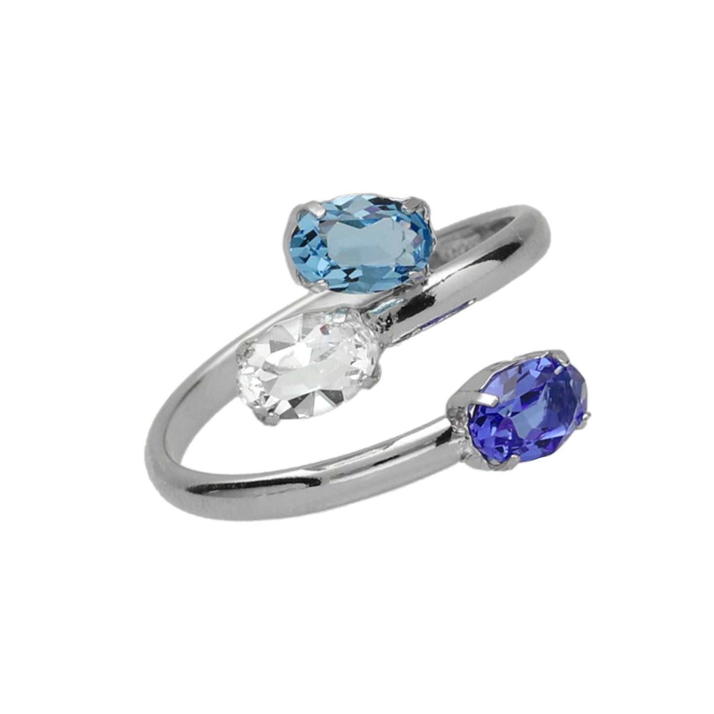 Rhodium Plated Sterling Silver Adjustable ring oval blue crystal from Harmony