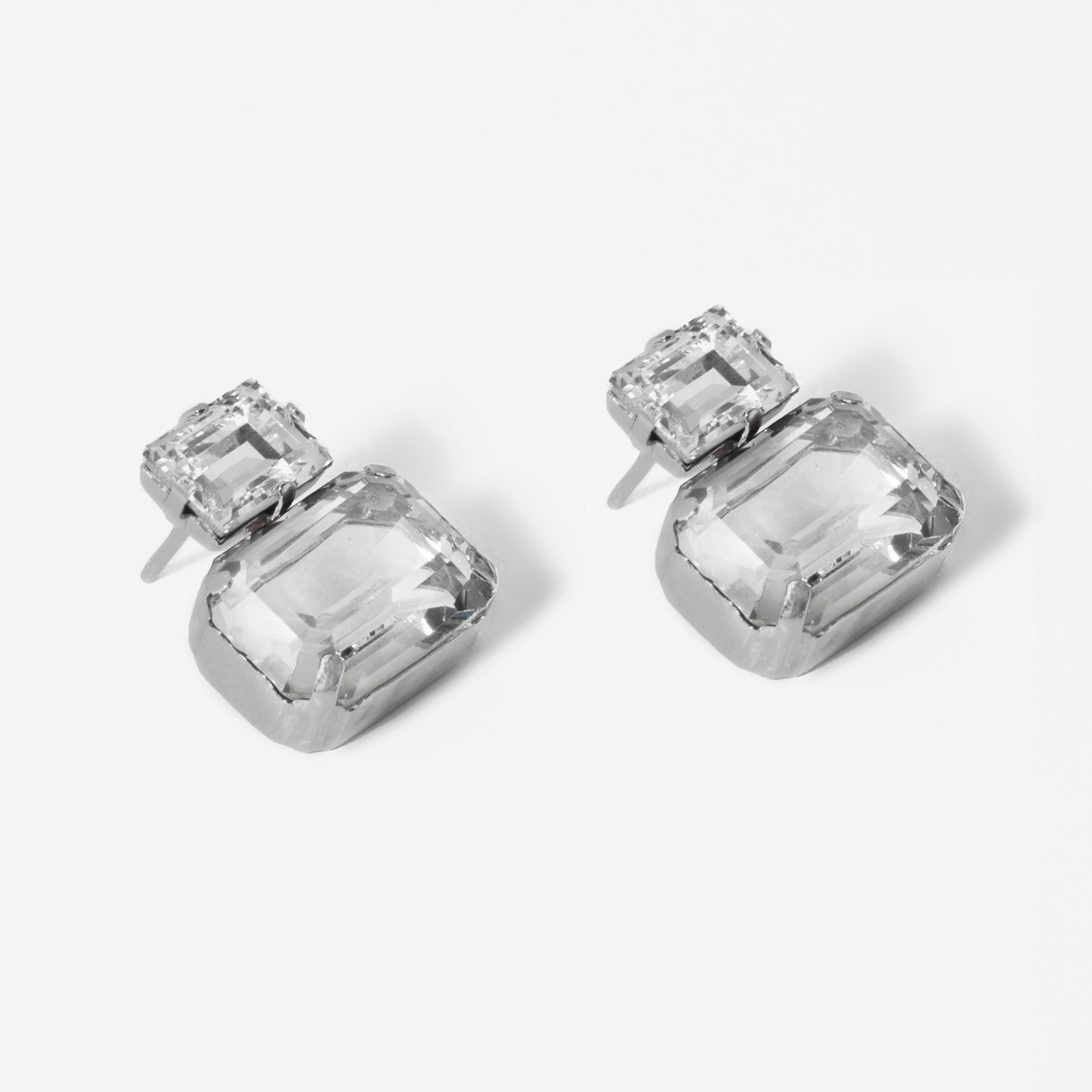 Rhodium Plated Sterling Silver Short earrings rectangle white crystal from Helena