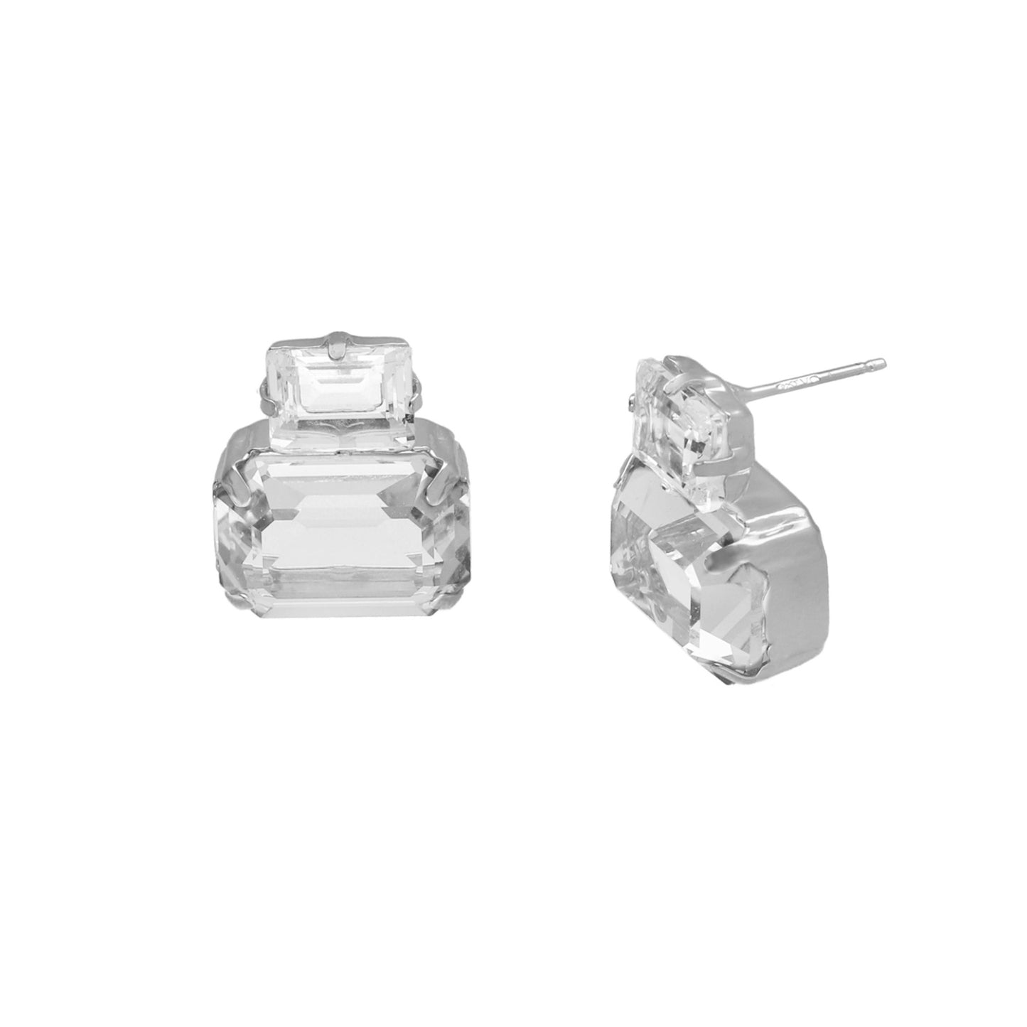 Rhodium Plated Sterling Silver Short earrings rectangle white crystal from Helena