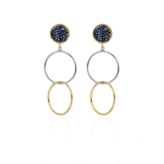 Rhodium and Gold plated Sterling Silver Long earrings circle blue crystal from Chiss