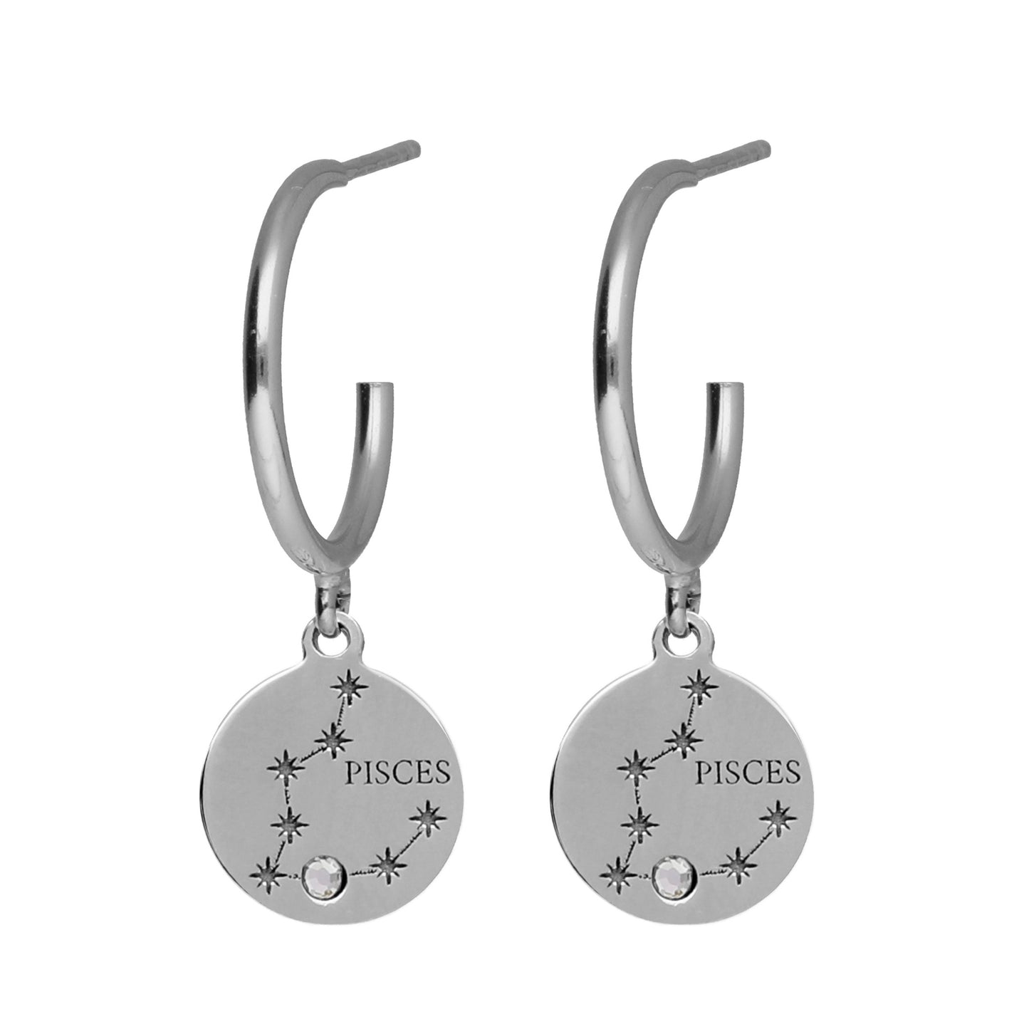 Rhodium Plated Sterling Silver Hoop earrings horoscope white crystal from Zodiac