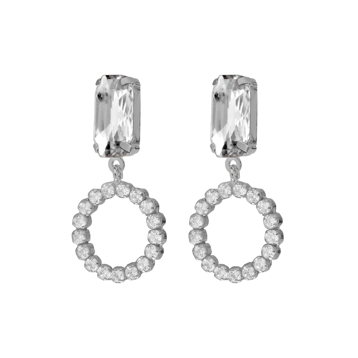 Rhodium Plated Sterling Silver Long earrings circle white crystal from Ginger