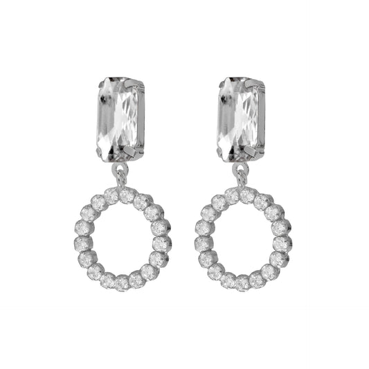 Rhodium Plated Sterling Silver Long earrings circle white crystal from Ginger