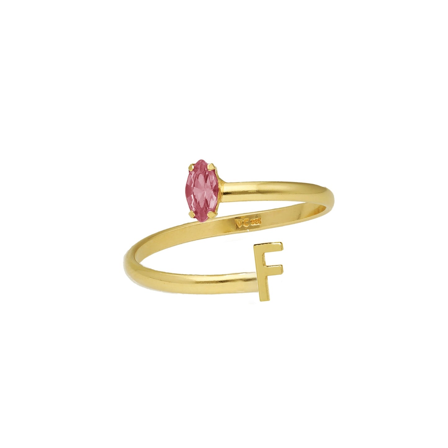 Anillo ajustable personalizados letra rosa en Plata baño Oro de Thename