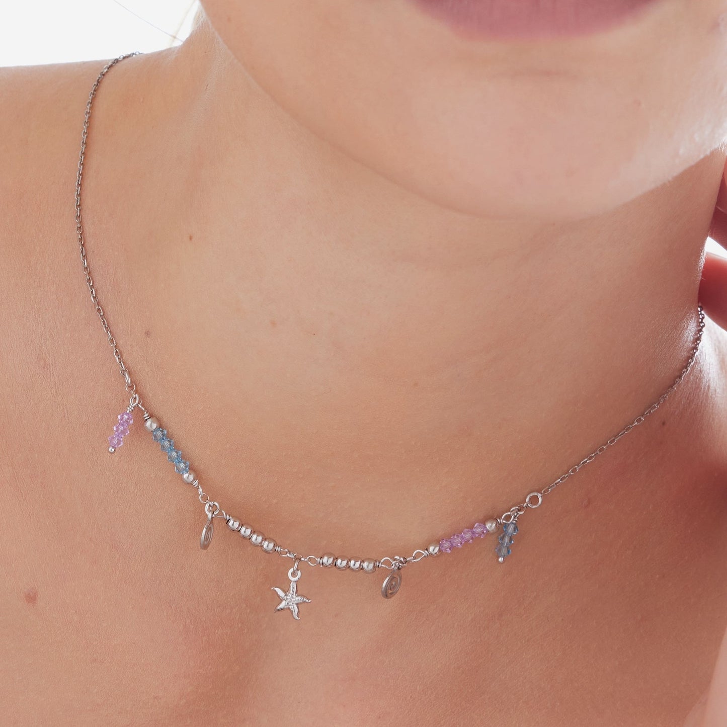 Rhodium Plated Sterling Silver Short necklace star multicolor crystal from Bliss