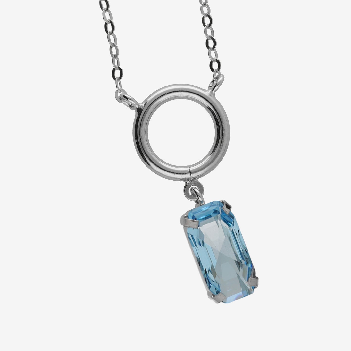 Rhodium Plated Sterling Silver Short necklace rectangle blue crystal from Inspire