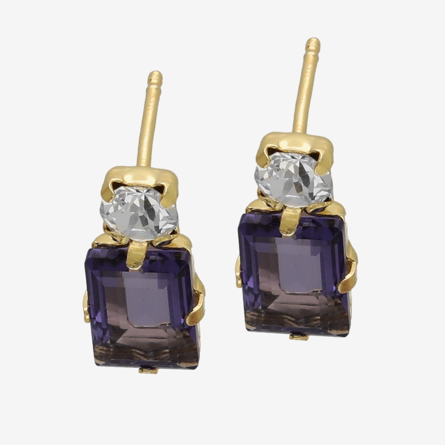 Pendientes botón rectángulo cristal morado en Plata baño Oro de Serenity